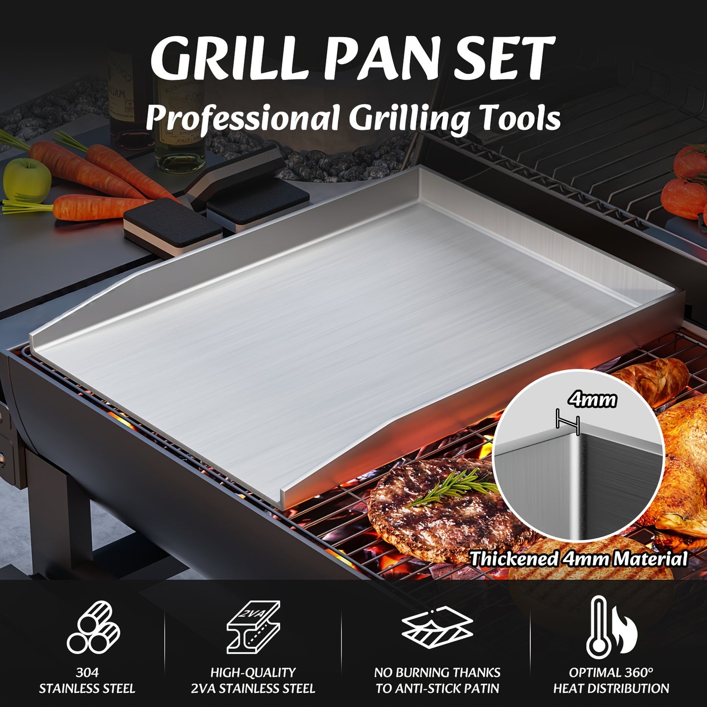 Devesanter Hochleistungs-Grillplatte & Spatel Set - Für Gewerbe/Haushalt geeignet, für Gas/Ofen/Lagerfeuer Grillen, 40x30cm, 4mm rostfreie 304 Edelstahlplatte für BBQ, Kamin, Herd, Outdoor