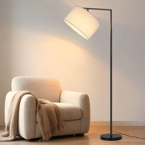 Retro-Bogen-Design 166 cm Schwarz/Beige Stoff Stehlampe | E27-Sockel Fußschalter Modell Wohnzimmer Schlafzimmer Retro-Stil Stofflampenschirm Stehlampe (ohne Glühbirne)