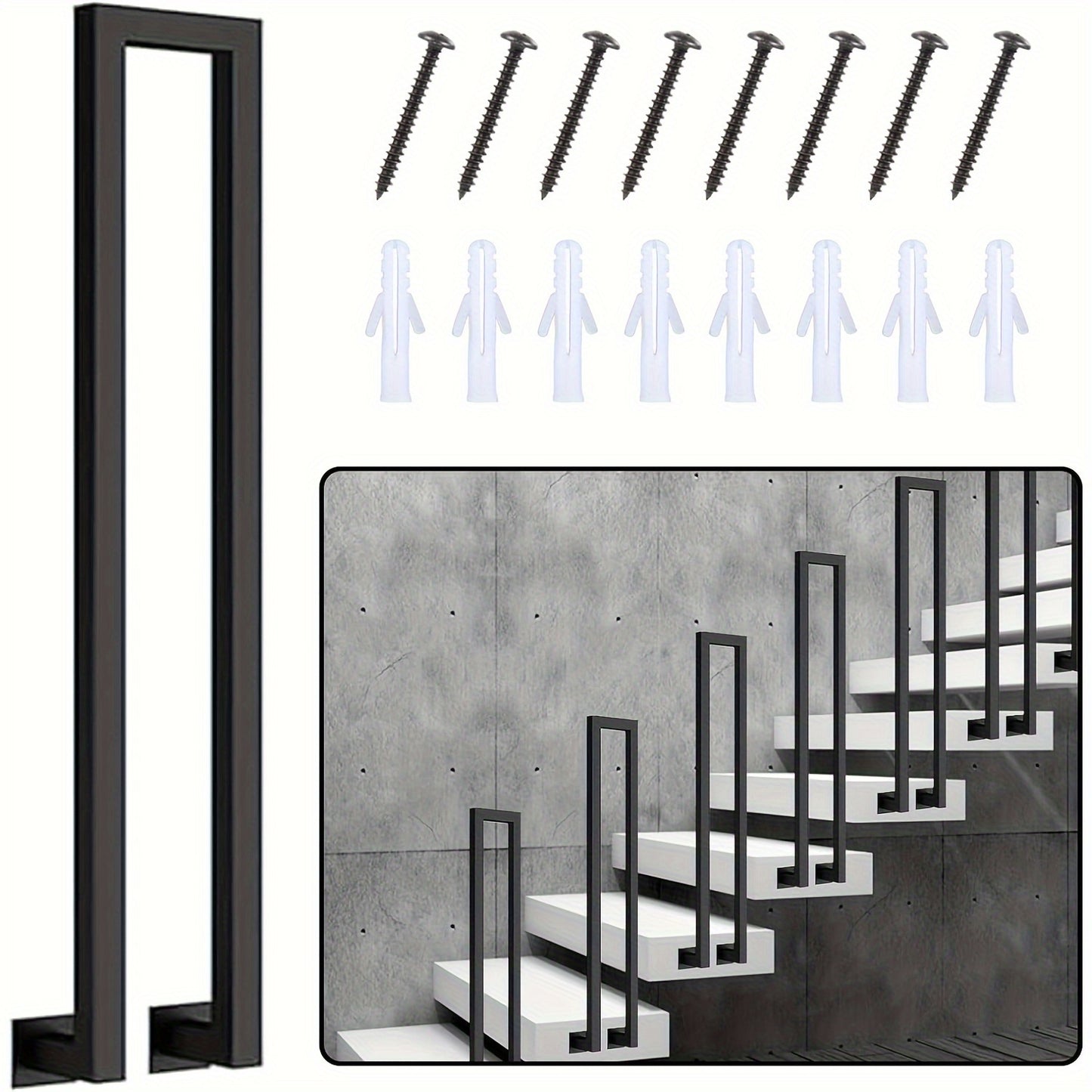 Black U-Shaped Stair Handrail - Indoor/Outdoor Railing for Stairs, Entrance & Balcony, Easy Side Mount Installation