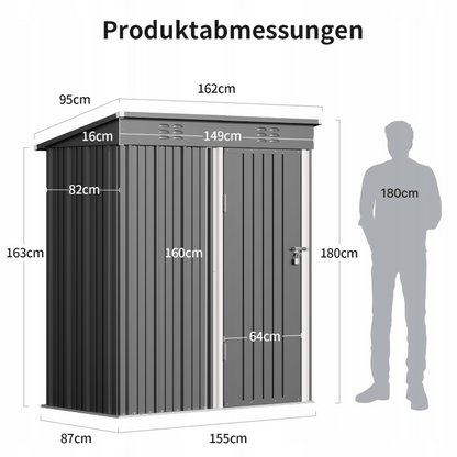 Gartenschuppen Metall Dunkelgrau 180x95x162 cm | Mit Fundamentrahmen & Pultdach,Vorübergehend , Abnehmbar Gerätehaus,CC21