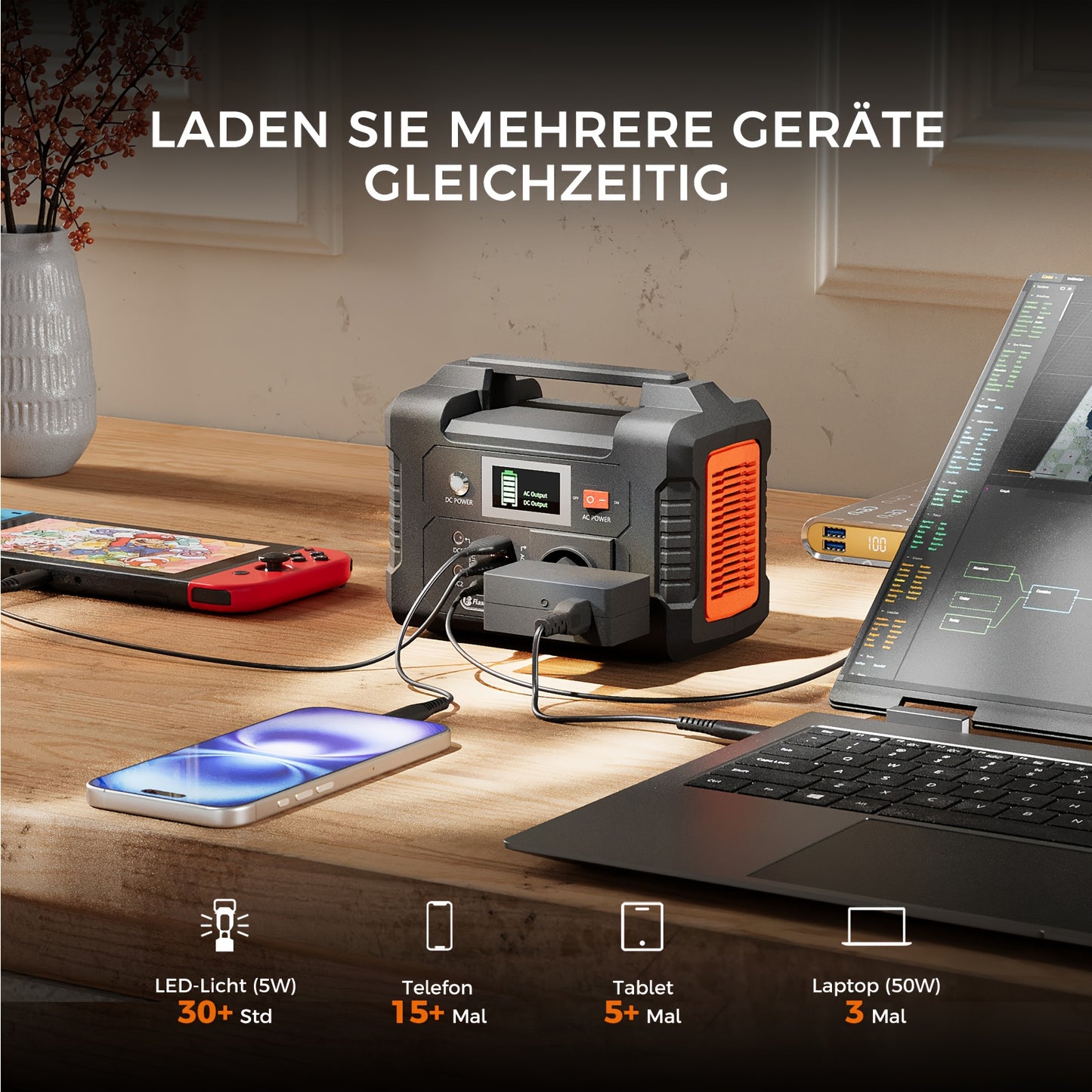 200W Tragbares Stromaggregat, 40800mAh Solargenerator, Ausgestattet mit 230V-AC-Steckdose/2 DC-Anschlüssen/3 USB-Anschlüssen, Notstrom-Akku-Netzteil, Unverzichtbar für Camping im Freien/CPAP-Abenteuer im Freien/Wohnmobilreisen/Notfälle