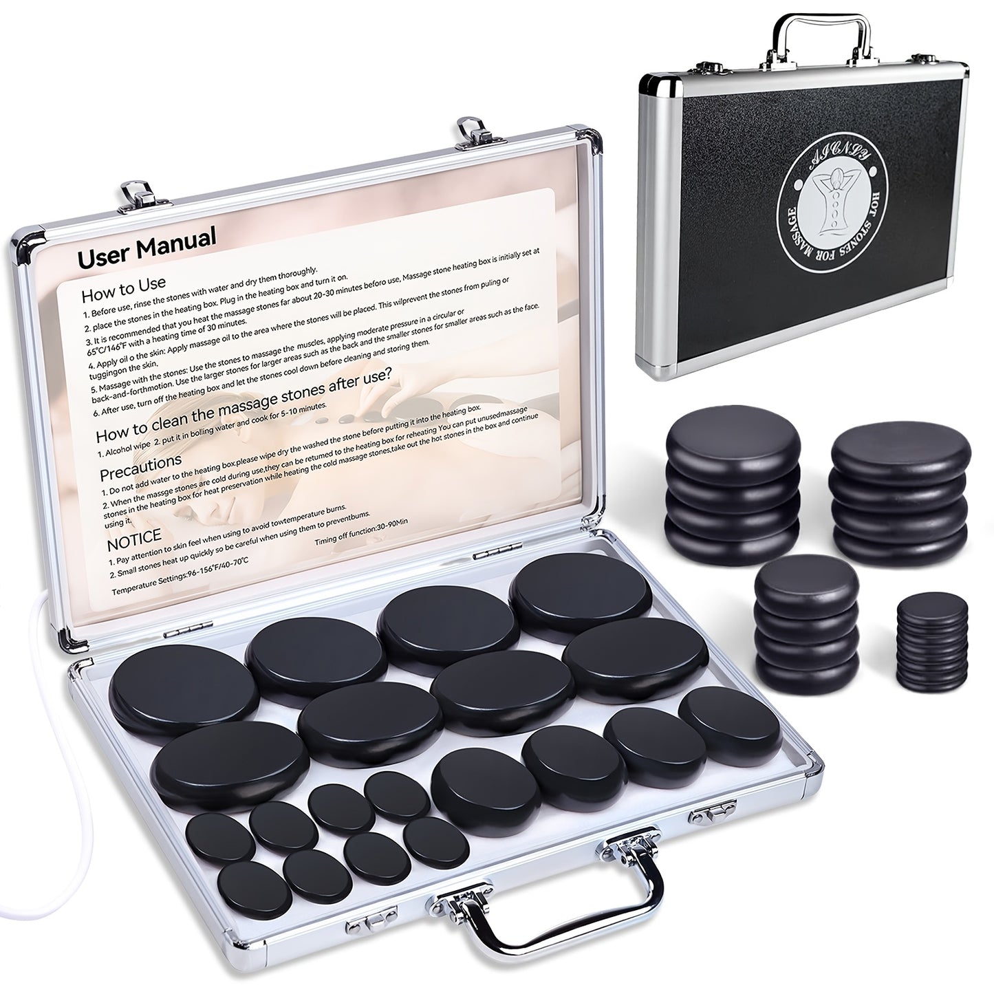 Hot Stone Massage Set, Professionelle Spa Massage Tools, für Nacken, Rücken, Beine, Füße, Ganzkörpermassage, 10 Stk./20 Stk. Hot Stone 7-Stufen Temperatur Einstellbares Set