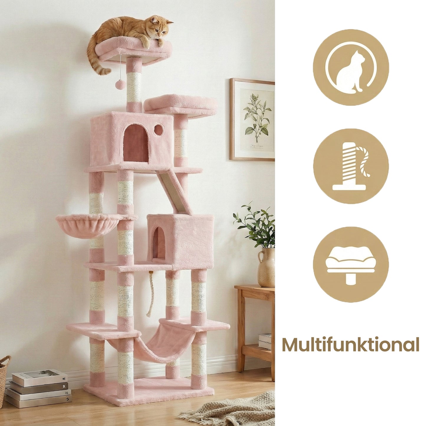 XXL Katzenklettergerüst 206 cm hoch einem Kippschutz, Kratzbaum Katzenbaum mit 13 Kratzsäulen, 2 Plattformen, 2 Höhlen, Korb, Hängematte, Plüschbälle,Stabiles Und Langlebiges ,Einfache Montage,für Wohnungskatzen die gerne klettern und hoch hinaus wollen