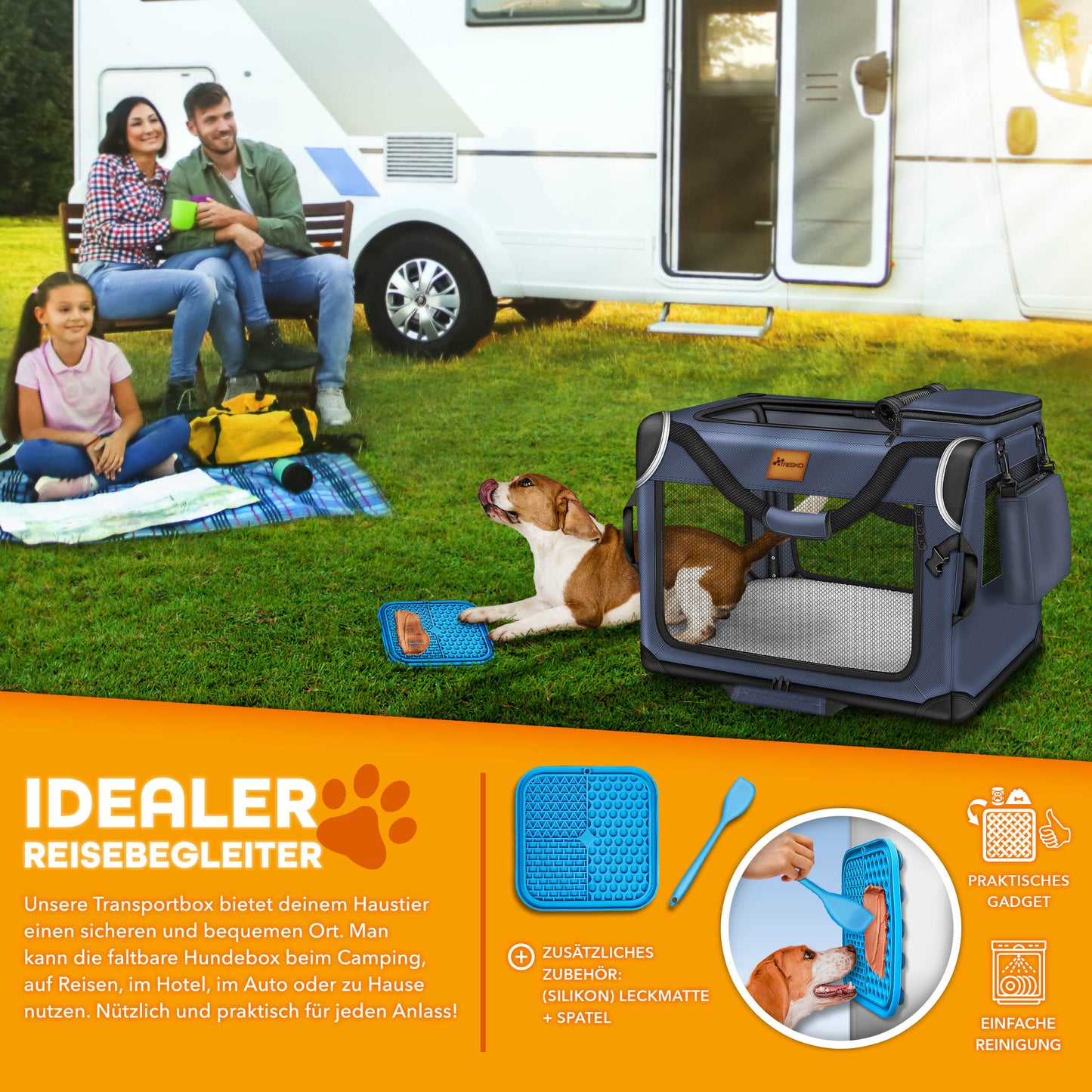 TRESKO® Hundebox faltbar inkl. Leckmatte, Spatel & Reflektoren | Transportbox für Hunde und Katzen | Hundetransportbox Auto für kleine, mittelgroße & große Hunde | Hundetasche für Zuhause Auto robust Anthrazit