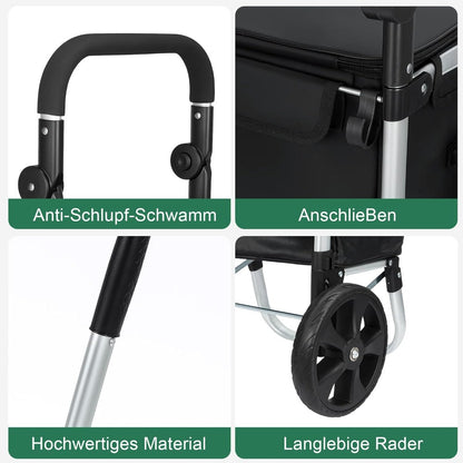 Generisch Einkaufstrolley 64 L, klappbarer Einkaufswagen mit Aluminiumrahmen, bis 60 kg Tragkraft, große Rollen & höhenverstellbarer Griff, Faltbare Einkaufstasche mit Kühltasche