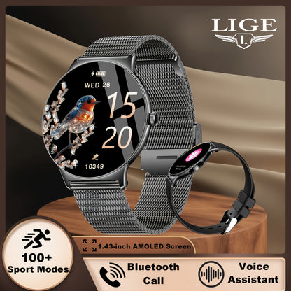 LIGE Smartwatches für Damen mit 1,43-Zoll-AMOLED-Touchscreen, Anruf- und Empfangsfunktion, Fitness-Smartwatch mit über 100 Sportmodi, Schrittzähler, Textnachrichtenbenachrichtigungen, Musik- und Kamerasteuerung