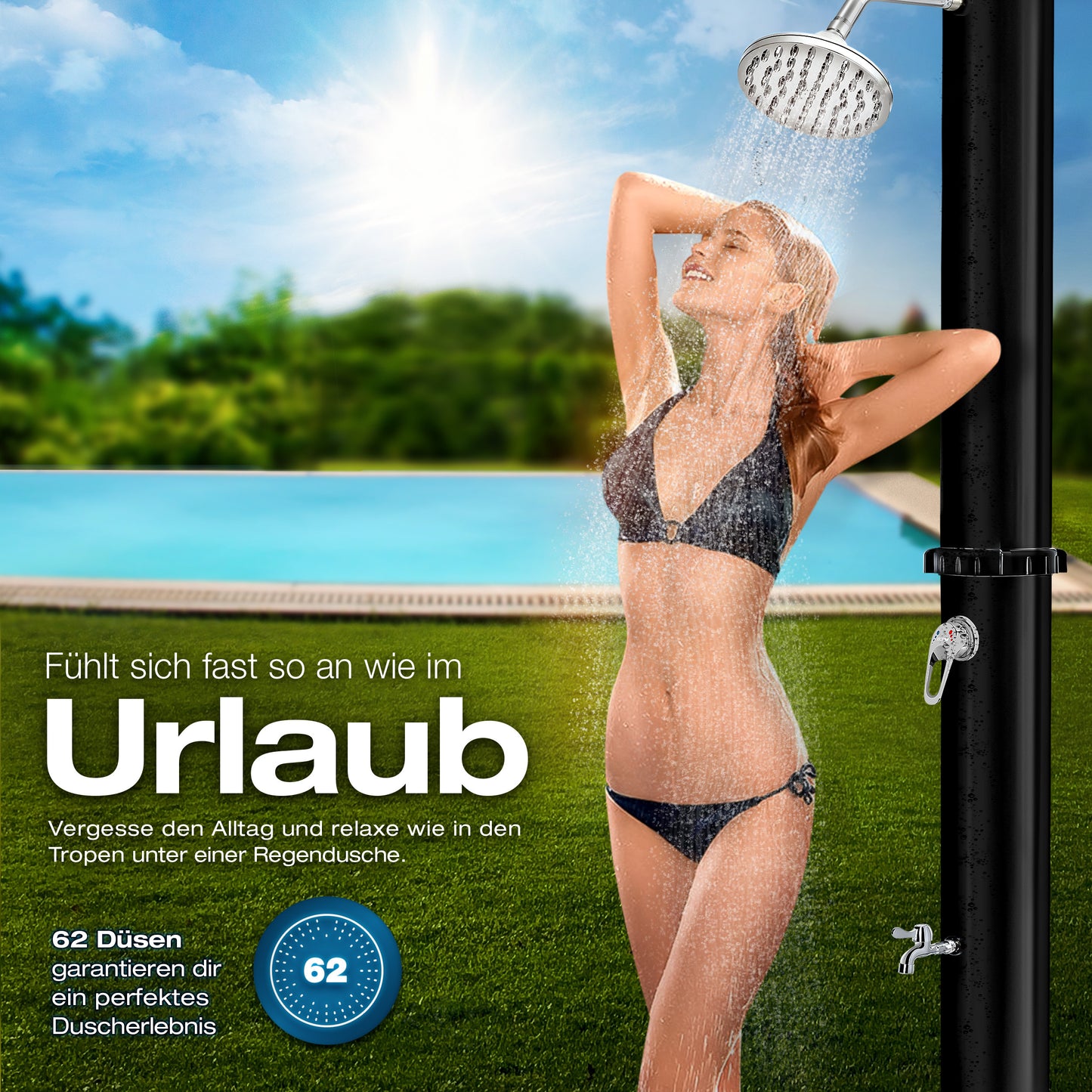 tillvex® Solardusche 20 - 60 Liter inkl. Abdeckung Solar Gartendusche Solar für draußen Pooldusche Komplettset warmes Wasser Camping ohne Stromanschluss mit Wasserhahn Gartenschlauch-Anschluss