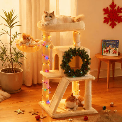 Katzenklettergerüst klein 96 cm hoch einem Kippschutz，Kratzbaum, Katzenbaum mit großer Plattform, Kratzsäulen, Höhlen, Plüschbälle, Einfache Montage,geeignet für Hauskatzen, Kätzchen