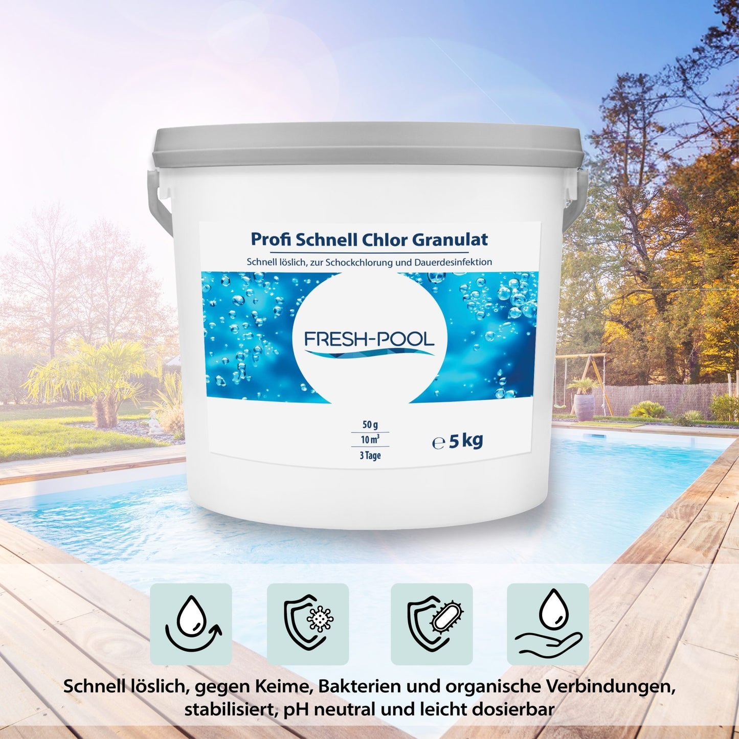 Fresh-Pool Profi Schnell Chlor Granulat, 56% Aktivchlor, 5 kg incl. Dosierbecher - Pool Chlor Granulat | Clorgranulatpool 5kg | Chlorgranulat für Pool