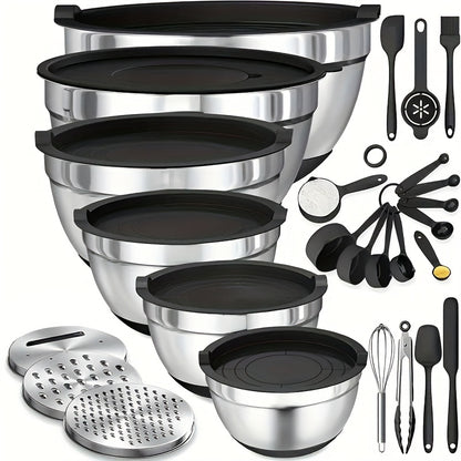 Edelstahl-Mischschüssel-Set mit Verschlussdeckel und Reibe-Aufsatz, Rutschfestes Boden - 26 Stück in den Größen 5QT, 4.5QT, 3QT, 2.5QT, 2QT, 1.5QT - Perfekt zum Mischen und Servieren