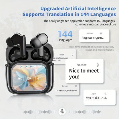 144 Sprachen Übersetzung Permanent Kostenlose Nutzung KI Translator Kopfhörer KI Echtzeit-Übersetzung Ohrhörer HD Sound LED Smart Screen TWS Kopfhörer mit Touchscreen Lange Simultansprache Geräuschunterdrückung für Geschäftsreisen Sport