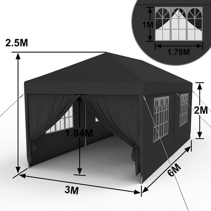 3X3/3X6M Robuste, tragbare Gartenlagerung Pavillon mit 4/6 Seitenwänden, Fenstern & Belüftung, Terrassen-Sonnenschutz Carport für Garten Rasen Fahrzeug Schutz, Anthrazit/Weiß
