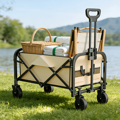 Hochbelastbarer klappbarer Handwagen, Camping-Handwagen, Lastentransport-Handwagen, aus robustem Metall, mit einer maximalen Tragfähigkeit von 100 kg, schnell zusammenklappbares Design, ausgestattet mit abnehmbaren Rädern, geeignet für Camping im Freien