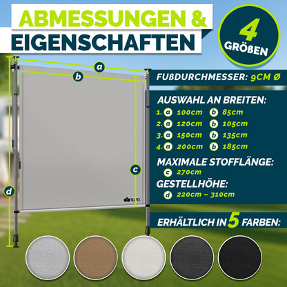 tillvex® Senkrechtmarkise Balkon ohne Bohren Klemmmarkise für draußen mit Kurbel Sichtschutz Außen Ausziehbar & Blickdicht Vertikalmarkise Balkon Terrasse Garten Sichtschutzrollo Wetterfest