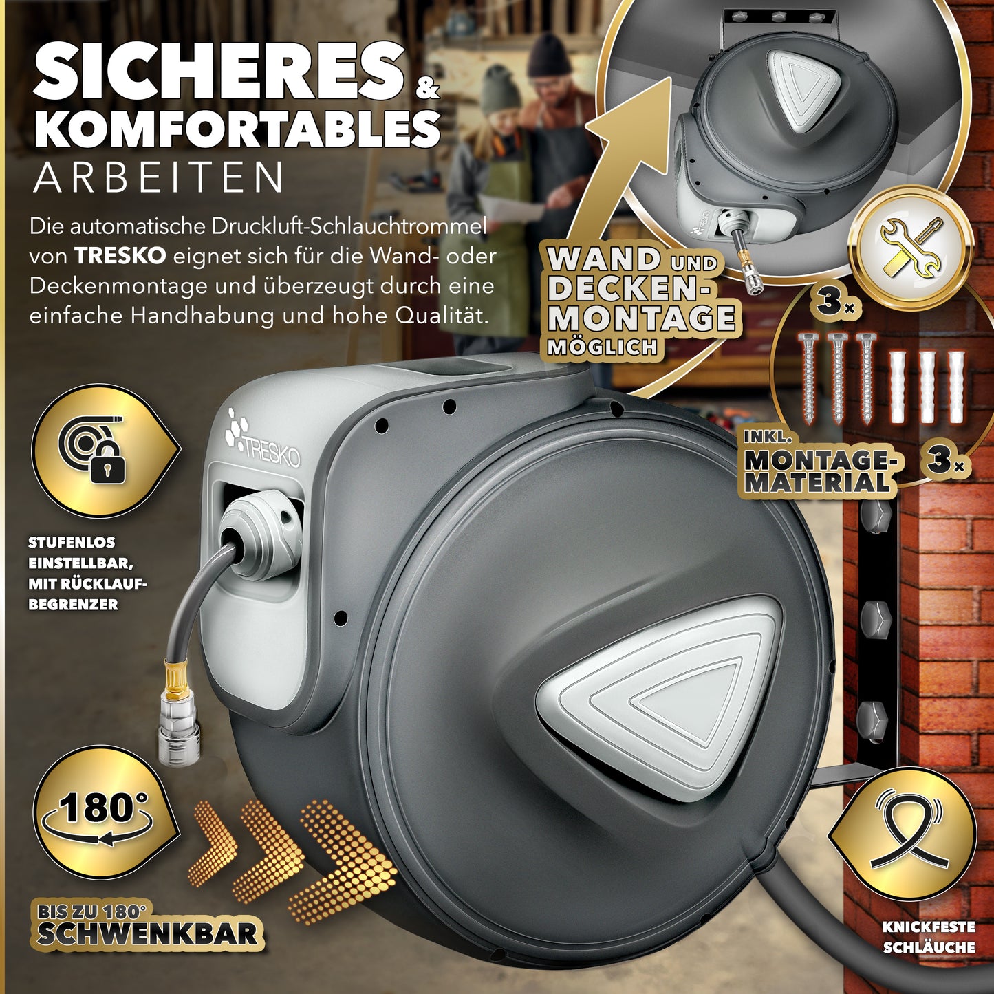 TRESKO® Druckluft Schlauchtrommel automatisch | Druckluftschlauch Aufroller 1/4" Anschluss | Wandschlauchhalter Automatik Schlauchaufroller