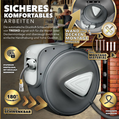 TRESKO® Druckluft Schlauchtrommel automatisch | Druckluftschlauch Aufroller 1/4" Anschluss | Wandschlauchhalter Automatik Schlauchaufroller