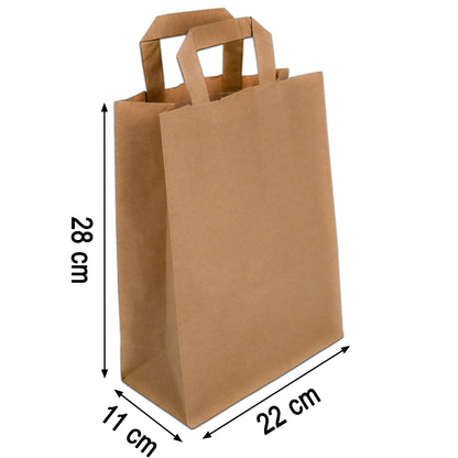 50 Papiertragetaschen 22 + 11 x 28 cm mit Flachhenkel Tragegriff Braun | Papiertaschen | Tüten | Papiertüten | Bio Mülltüte | Bio Müllbeutel | Bio Kompostbeutel | Bio Papiertüte |Tragetaschen | Tüten mit Henkel | Geschenktüten | Papiertüte |