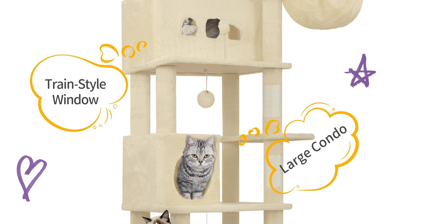 Katzenbaum für Wohnungskatze, 210 cm hoher Katzenturm mit mehreren Ebenen, Kratzpfosten, Hängematte und 4 Pompons