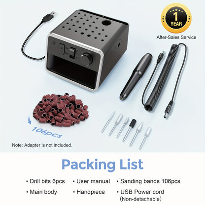 Tragbare Nagel Lackiermaschine für Zuhause, USB-betrieben, bis zu 20.000 U/min + 6 Arten von Bohrern + 106 Garnring-Set, leichtes Design für einfacheres Tragen, Nagelstudio jederzeit und überall!