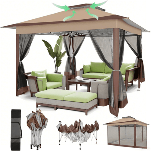 3,66x3,66 Meter Pop-Up Zelt, einfach aufzubauen, Outdoor Zelt UPF 50+, verbessertes automatisches Laubengartenshuttle, tragbares Gazebo mit Moskitonetz, doppelt belüftetes Dach und Tragetasche, geeignet für Garten, Terrasse