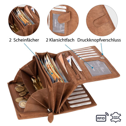 Damen Geldbörse Portemonnaie RFID Damenbörse Langformat Echtleder Geldbeutel 14 Kartenfächer Tan Maße : ca. 17 cm x 9,5 cm x 4 cm (B x H x T)