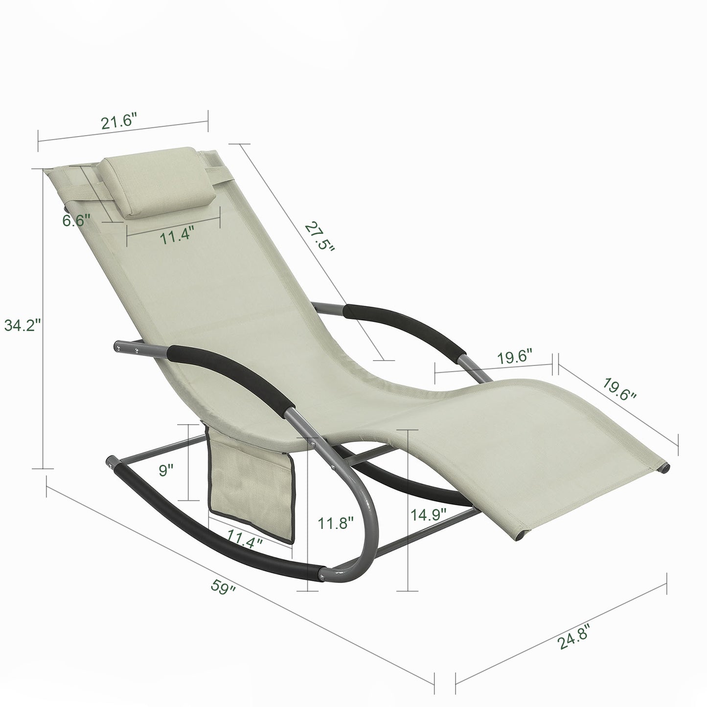 1 Stück Sonnenliege Gartenliege Relaxliege Schaukelliege Liegestuhl Outdoor mit Kopfkissen Ergonomische Liegefläche Wetterbeständiges Gewebe Metallgestell Seitentasche Bis 150 kg Terrasse Balkon Garten Camping 150x87x63cm