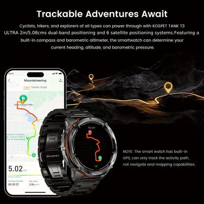 KOSPET TANK T3 Ultra2 GPS Smartwatch für Männer mit Kompass, Höhenmesser, barometrischem Druck, 6 Satelliten-Positionierungssystemen, 470mAh Akku mit 60 Tagen Extra-Langzeitbetrieb, Edelstahlgehäuse, robuste Smartwatch, drahtloser Anruf, 5ATM IP69K, hochw