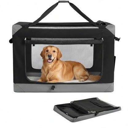 Tragbarer Oxford-Gewebe Haustierkäfig 50-106.7cm Für Katzen / Hunde aller Größen, Metallrahmen,Faltbar Und Praktisch, mit 4 Türen aus Netzstoff, Griffen, Taschen für Futter und Wasserflasche,Ideal Für Reisen Und Outdoor-Aktivitäten，tintenschwarz/schwarz-g