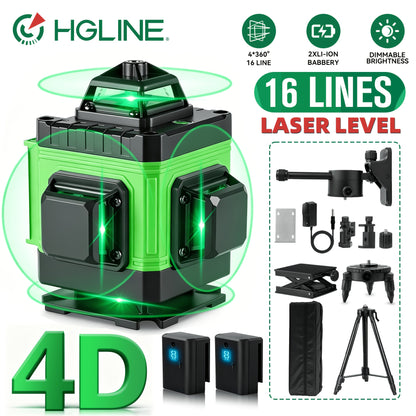 1 Set 16 Linien Laser Waterwaage 360 Automatisches Nivellieren, 4X360° Grüne Kreuzlinien Laser Waterwaage Werkzeug für Bau und Bilder Aufhängen, 4D Laser Waterwaage mit 2 Wiederaufladbaren Batterien