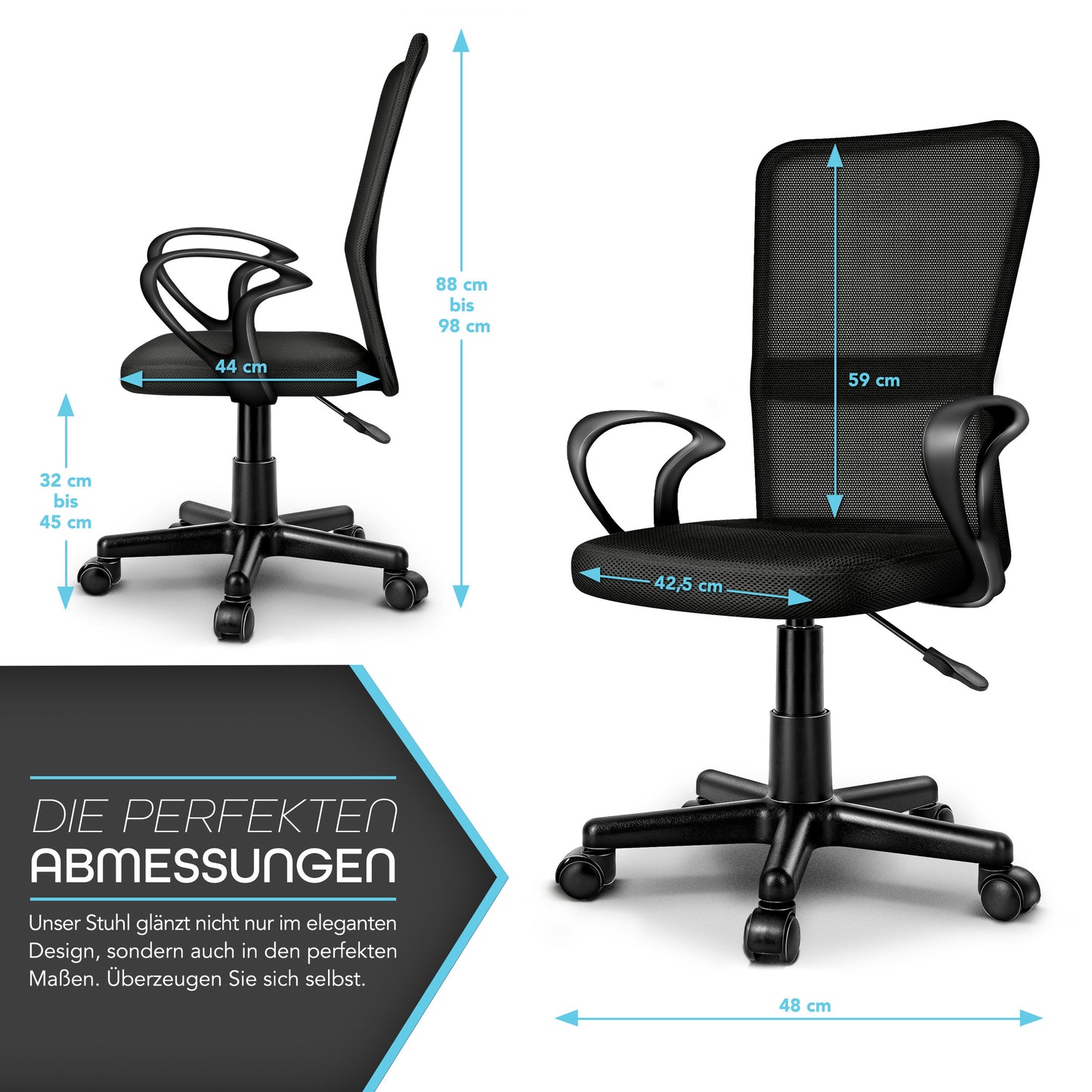 TRESKO® Bürostuhl mit Armlehnen stufenlos höhenverstellbar | Drehstuhl aus atmungsaktivem Mesh | Schreibtischstuhl mit Kunststoff-Leichtlaufrollen, gepolsterte Sitzfläche, ergonomische Passform | Computerstuhl ideal für Home-Office, Jugendzimmer, Büro