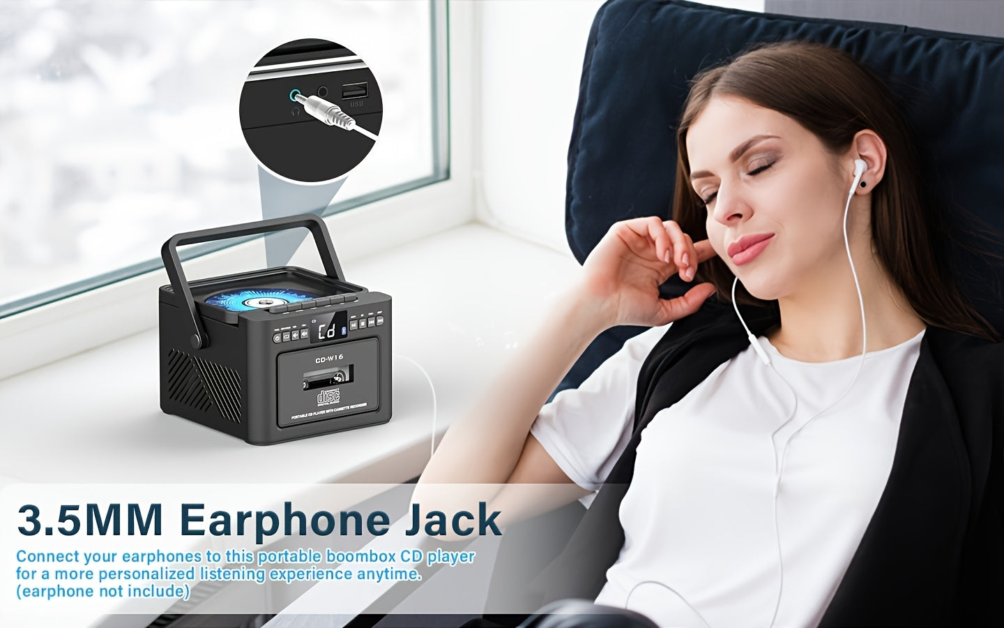 CD-Kassettenspieler-Boombox mit 5000-mAh-Akku, tragbarer CD-Player, 5-W-Dual-Stereo-Lautsprechern, FM-Radio, Fernbedienung, Aufnahmefunktion, 3,5-mm-Kopfhöreranschluss – unterstützt AUX, TF-Karte und USB für Zuhause