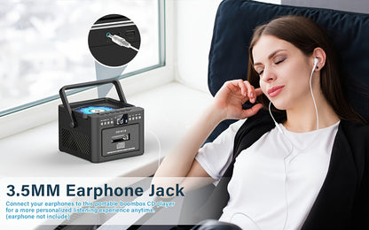 CD-Kassettenspieler-Boombox mit 5000-mAh-Akku, tragbarer CD-Player, 5-W-Dual-Stereo-Lautsprechern, FM-Radio, Fernbedienung, Aufnahmefunktion, 3,5-mm-Kopfhöreranschluss – unterstützt AUX, TF-Karte und USB für Zuhause