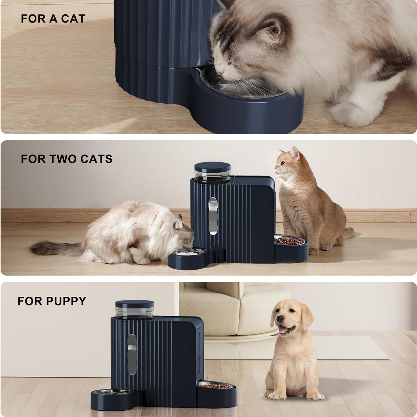 2-in-1 Automatischer Futterautomat für Katzen und Wasserspender für Hunde, mit einer großen Kapazität von 3L/6L, Schwerkraft-Fütterung ohne Strom, mit einer 304 Edelstahl-Schüssel, die herausnehmbar und waschbar ist, geeignet für Haushalte mit mehreren Ha