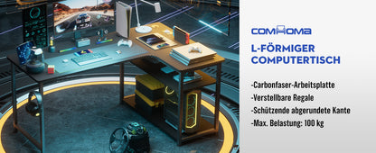 Schreibtisch Gaming Tisch mit Regal, Eckschreibtisch mit USB-Ladeanschluss und Steckdose, 120cm Computertisch L Form, PC Tisch für Büro, Heimbüro,