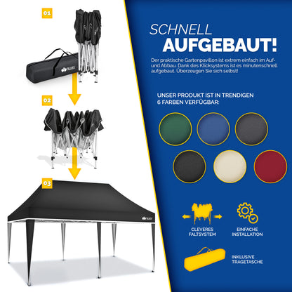 tillvex® Pavillon 3x6m Faltbar + 6x Sandsäcke | Pop-Up Faltpavillon Höhenverstellbar, Winterfest | Gartenzelt Stabil mit und ohne Seitenwänden UV Schutz 50+ | Partyzelt Wasserdicht mit Tasche für Garten