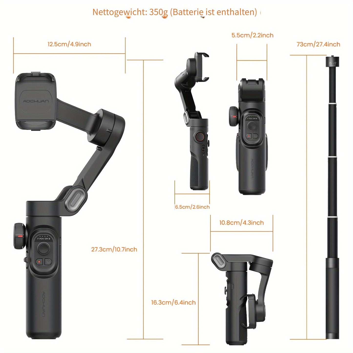 AOCHUAN 7-förmiges 3-Achsen-Stabilisator-Gimbal für Smartphone AOCHUAN APP -Shake Präzisionsfokus/Zoom Gesichts-/Objektverfolgung faltbare 73 cm ausziehbare Stange RGB-Licht mehrere Aufnahmemodi geeignet für Reisen Live-Streaming Vlog Smart XE COMBO1