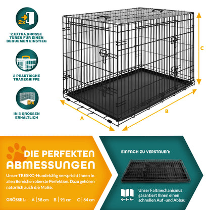 TRESKO Hundekäfig faltbar mit 2 Türen | Transportkäfig Auto | Hundebox mit Bodenschale | Transportbox Drahtkäfig
