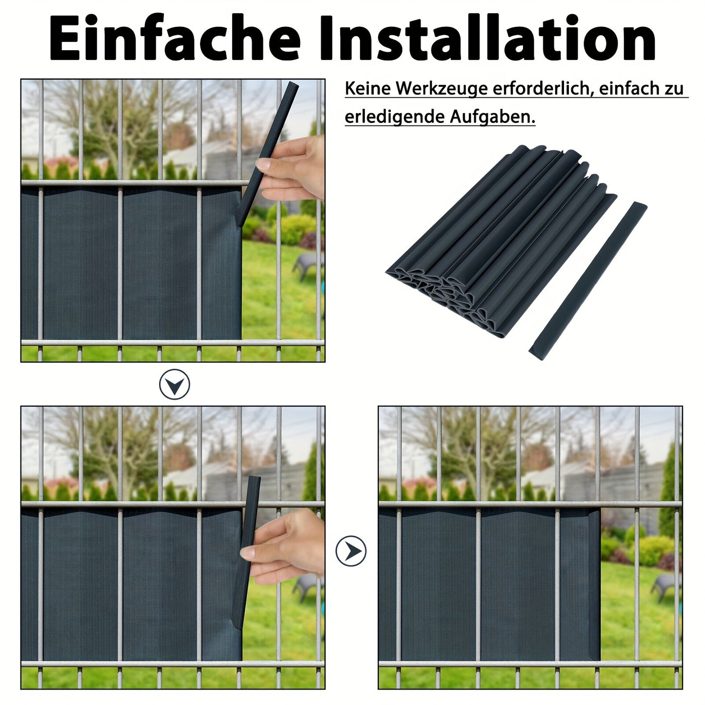 PVC Sichtschutzfolien mit den Maßen 35 M x 19 Cm und 65 M x 19 Cm, entwickelt für Doppelstangen-Matten und Zäune. Diese unklare Zaunfolie wird mit 20 oder 30 Befestigungsklammern geliefert und ist in Anthrazit, Hellgrau und Grün erhältlich.