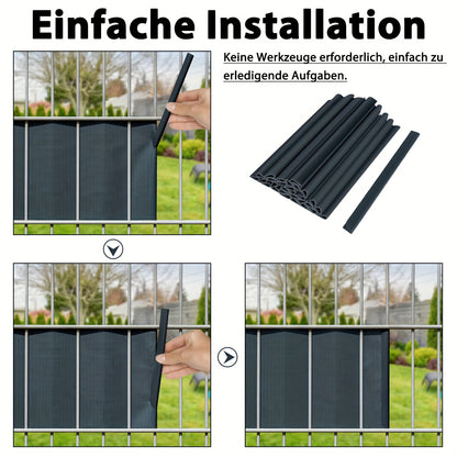 PVC Sichtschutzfolien mit den Maßen 35 M x 19 Cm und 65 M x 19 Cm, entwickelt für Doppelstangen-Matten und Zäune. Diese unklare Zaunfolie wird mit 20 oder 30 Befestigungsklammern geliefert und ist in Anthrazit, Hellgrau und Grün erhältlich.