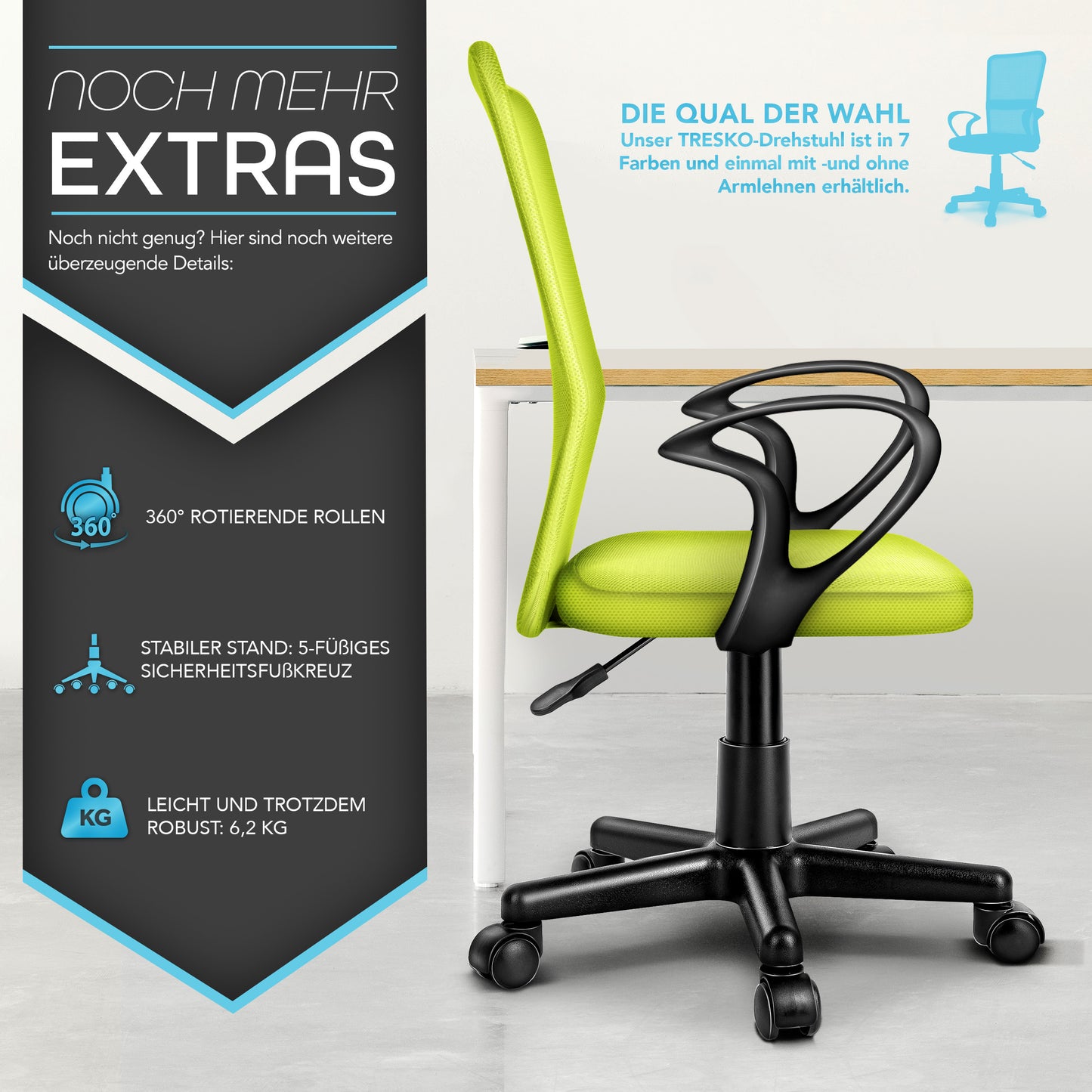 TRESKO® Bürostuhl mit Armlehnen stufenlos höhenverstellbar | Drehstuhl aus atmungsaktivem Mesh | Schreibtischstuhl mit Kunststoff-Leichtlaufrollen, gepolsterte Sitzfläche, ergonomische Passform | Computerstuhl ideal für Home-Office, Jugendzimmer, Büro