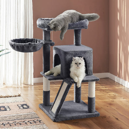 Katzenklettergerüst klein 96 cm hoch einem Kippschutz，Kratzbaum, Katzenbaum mit großer Plattform, Kratzsäulen, Höhlen, Plüschbälle, Einfache Montage,geeignet für Hauskatzen, Kätzchen