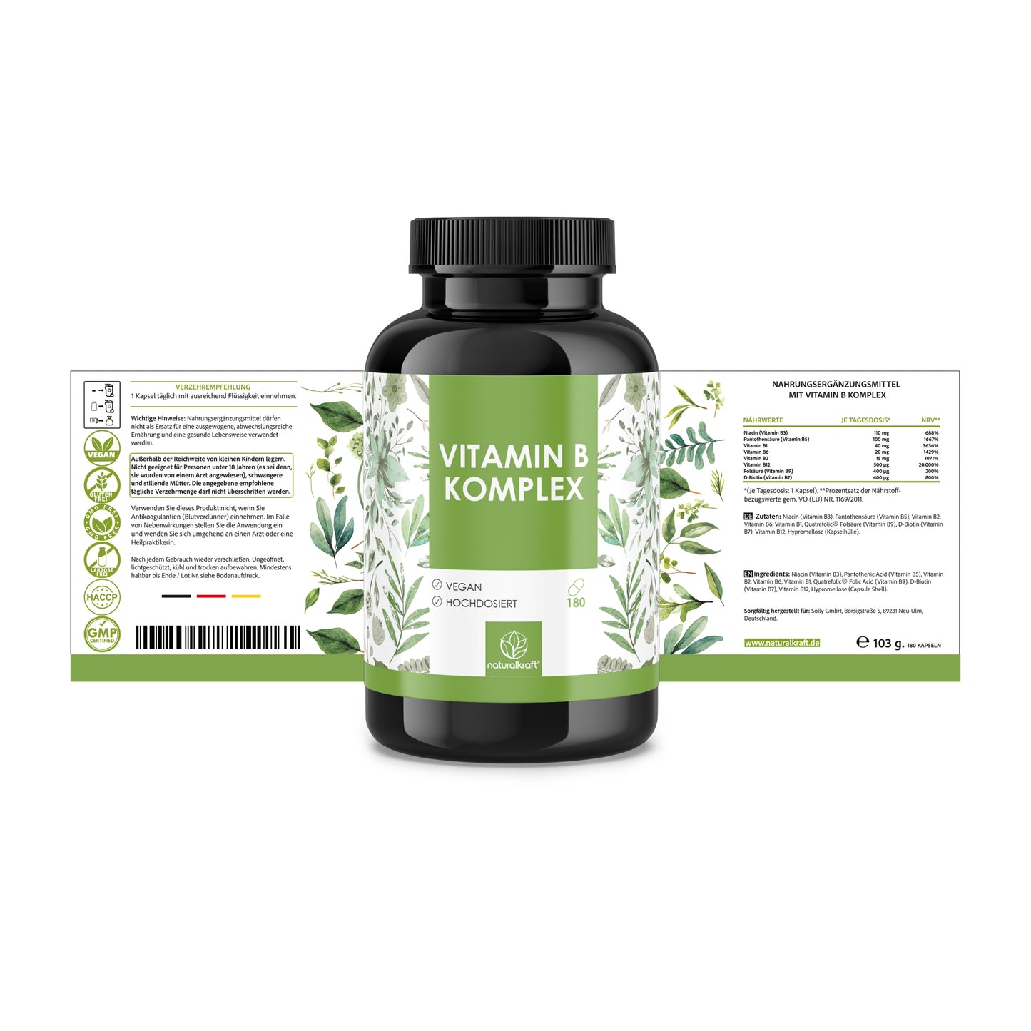 NATURALKRAFT® Premium Vitamin B Komplex - 500 µg B12 & 400 µg Folsäure - 8 B-Vitamine (B1, B2, B3, B5, B6, B7, B9, B12) für Energie, Nervensystem & Stoffwechsel - Vegan & Laborgeprüft - 180 Kapseln