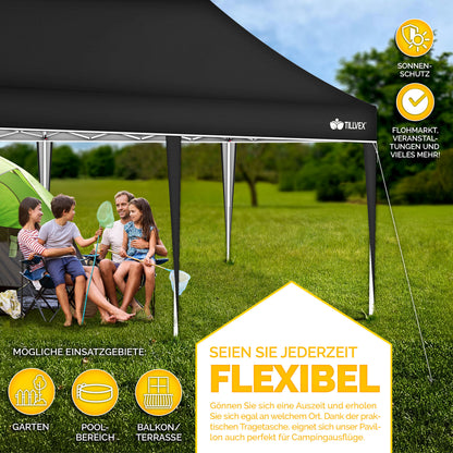 tillvex® Pavillon 3x6m Faltbar + 6x Sandsäcke | Pop-Up Faltpavillon Höhenverstellbar, Winterfest | Gartenzelt Stabil mit und ohne Seitenwänden UV Schutz 50+ | Partyzelt Wasserdicht mit Tasche für Garten