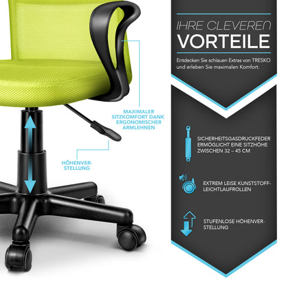 TRESKO® Bürostuhl mit Armlehnen stufenlos höhenverstellbar | Drehstuhl aus atmungsaktivem Mesh | Schreibtischstuhl mit Kunststoff-Leichtlaufrollen, gepolsterte Sitzfläche, ergonomische Passform | Computerstuhl ideal für Home-Office, Jugendzimmer, Büro