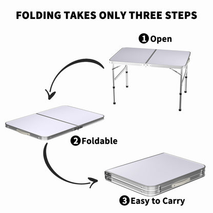 Campingtisch Klappbarer Aluminium Klapptisch, Leichter Gartentisch & Balkontisch, 3-fach Höhenverstellbar, Höhenverstellbarer, Tragbar, Faltbar, Picknicktisch, Campingtisch, Outdoor Tisch Weiß, 120 x 60 x 70/62/55 cm für Garten, Outdoor, Picknick, Camping