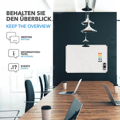Whiteboard Magnettafel – Magnetisches Memoboard mit Alurahmen in Silber oder Schwarz, inkl. Stiftablage – Trocken abwischbare Schreibtafel für Büro, Home-Office & Schule