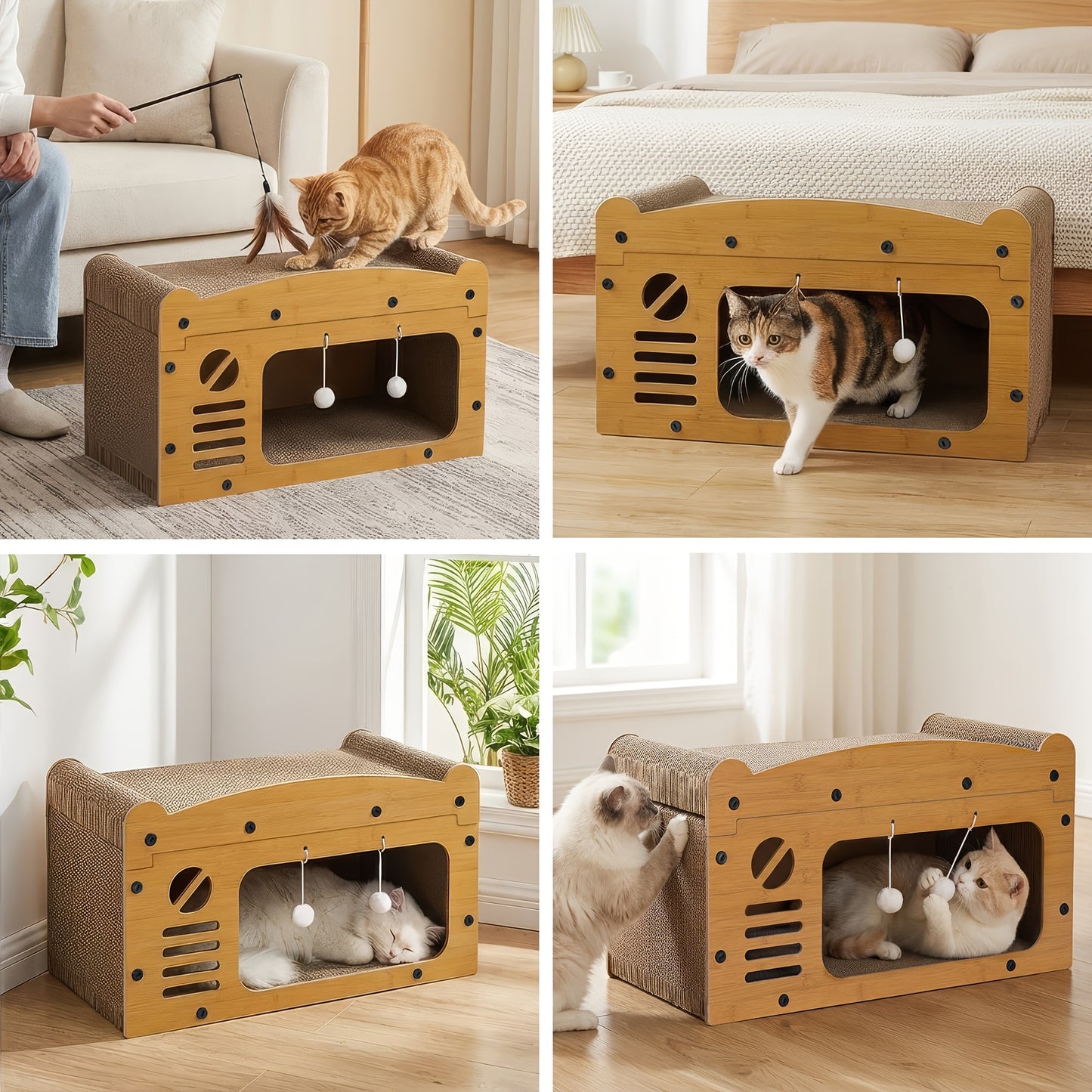 Großes Katzenhaus mit Kratzpfosten, 3-in-1 Karton-Katzenbett & Kratzbrett zum Krallenwetzen, Verstecken  Ausruhen, eingebauter Bommel zum Spielen, langlebige stabile Konstruktion & einfach zusammenzubauen, hält bis zu 11 kg, perfektes Geschenk für Katzenl
