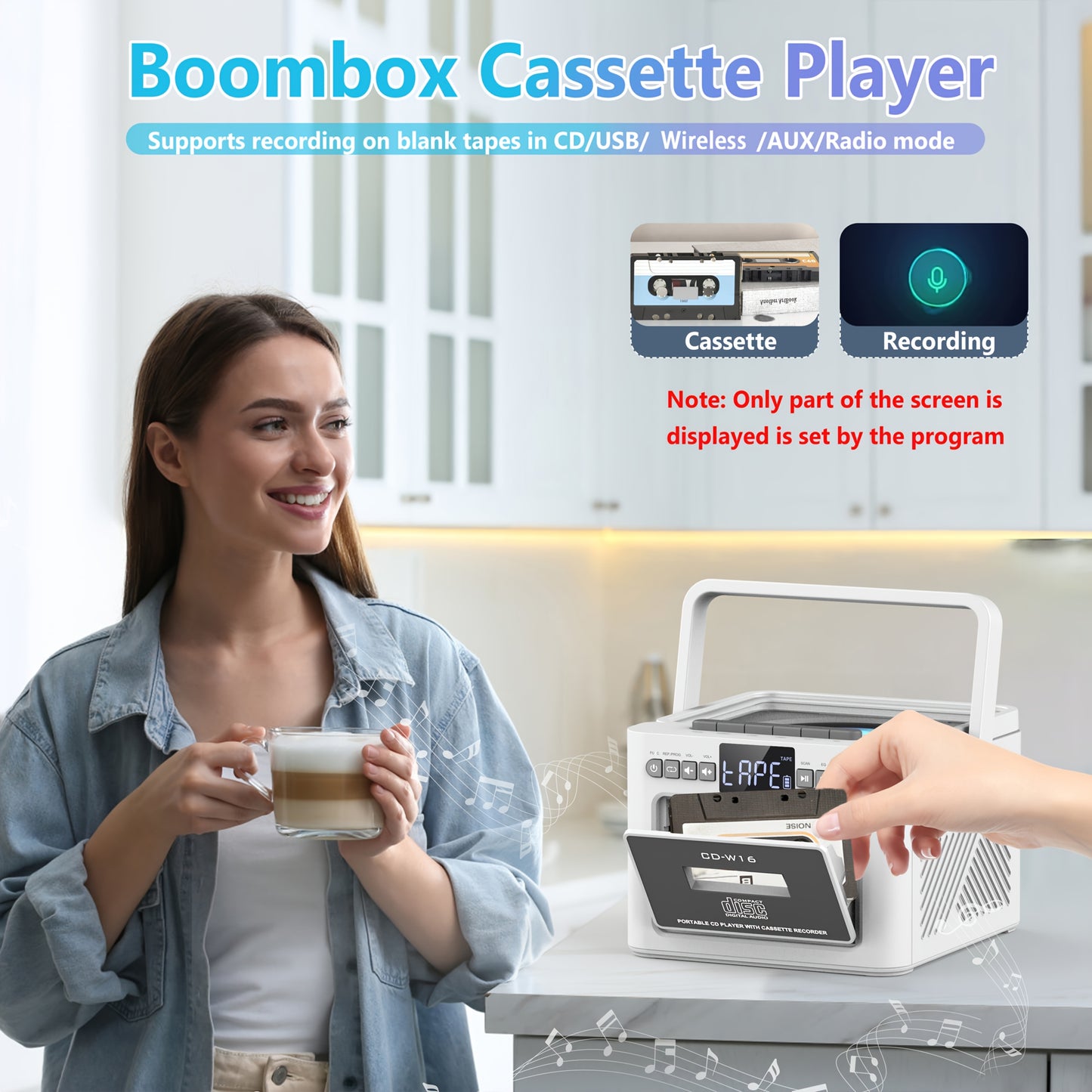 CD-Kassettenspieler-Boombox mit 5000-mAh-Akku, tragbarer CD-Player, 5-W-Dual-Stereo-Lautsprechern, FM-Radio, Fernbedienung, Aufnahmefunktion, 3,5-mm-Kopfhöreranschluss – unterstützt AUX, TF-Karte und USB für Zuhause