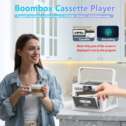 CD-Kassettenspieler-Boombox mit 5000-mAh-Akku, tragbarer CD-Player, 5-W-Dual-Stereo-Lautsprechern, FM-Radio, Fernbedienung, Aufnahmefunktion, 3,5-mm-Kopfhöreranschluss – unterstützt AUX, TF-Karte und USB für Zuhause