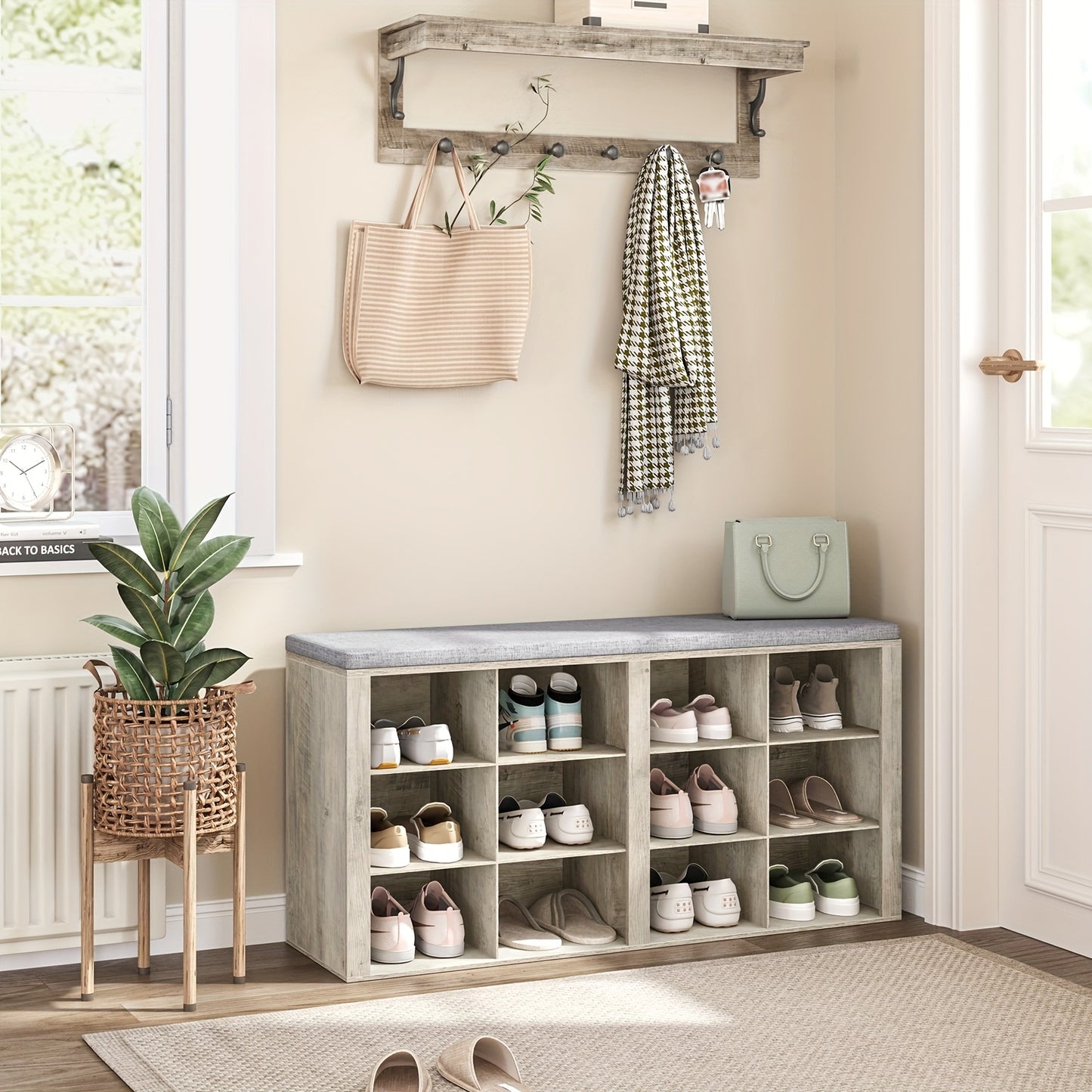 Schuhbank, Schuhregal mit Sitz, Bank mit Stauraum, Kissen, 12 Fächer, für Wohnzimmer, Flur, Schlafzimmer, Weiß-Grau